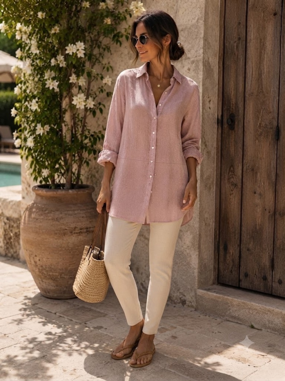 Tahari 100% Linen Blush Pink Long Button-Down Tunic Shirt